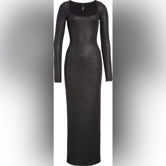 SKIMS Black Soft Lounge Shimmer Long Sleeve Maxi Dress XXS Onyx Foil - Picture 8 of 10